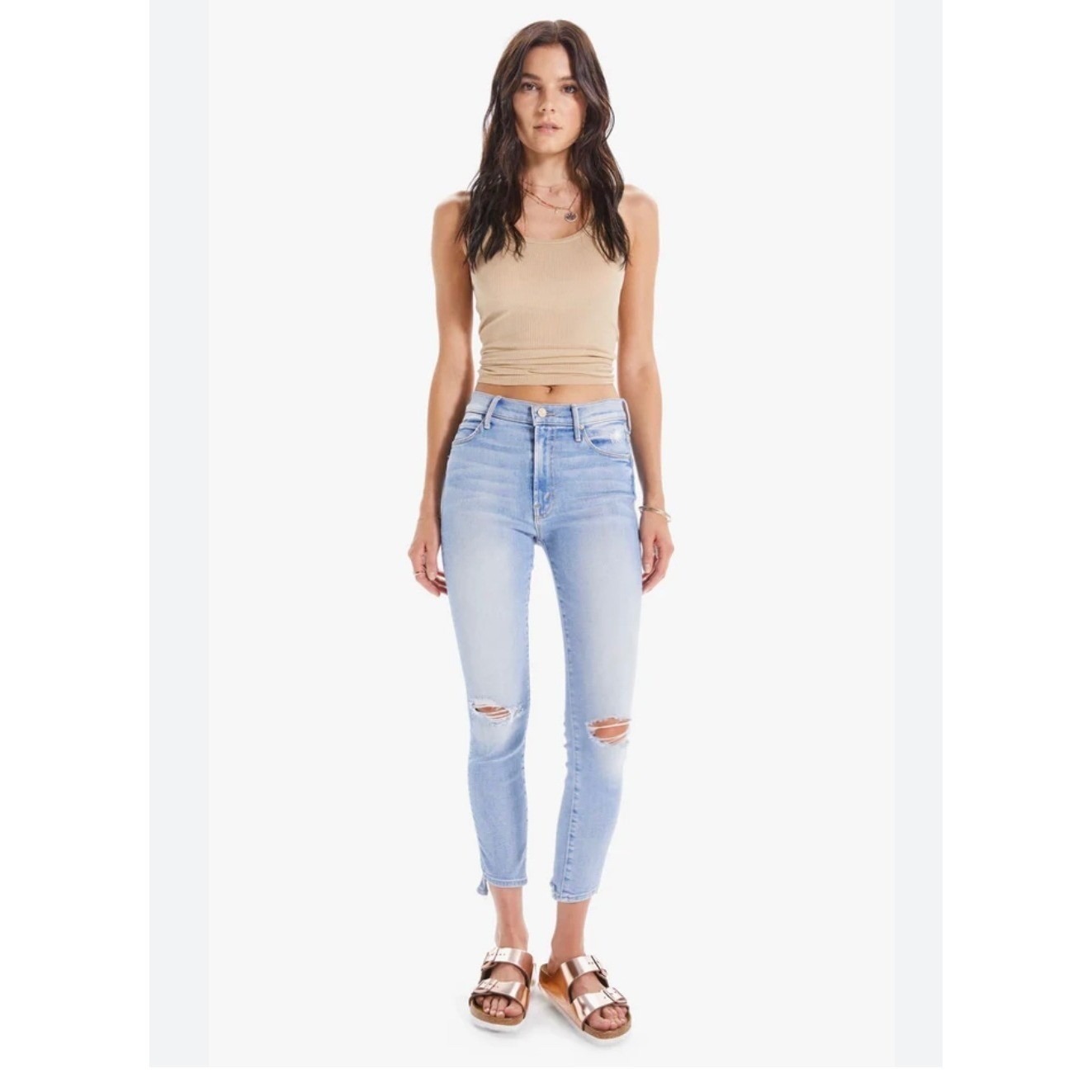 Mother The Stunner Zip Ankle Step Fray Skinny Distressed Jeans Light Wash 27